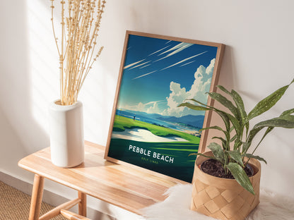 A framed Pebble Beach Golf Links poster leans against a wall on a wooden bench, surrounded by a white vase with dried flowers and a potted green plant.