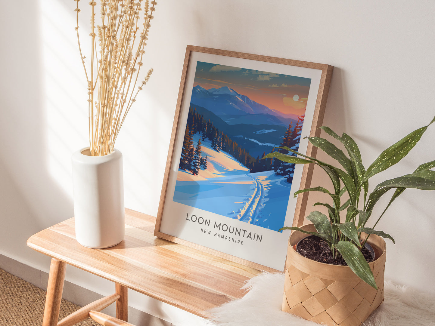 Loon Mountain Matte Border Poster | New Hampshire Travel Wall Art — styled in a modern interior