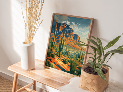 Superstition Mountains, Apache Junction, Arizona Poster | Desert Wilderness Destination Print Wall Art — styled in a modern i