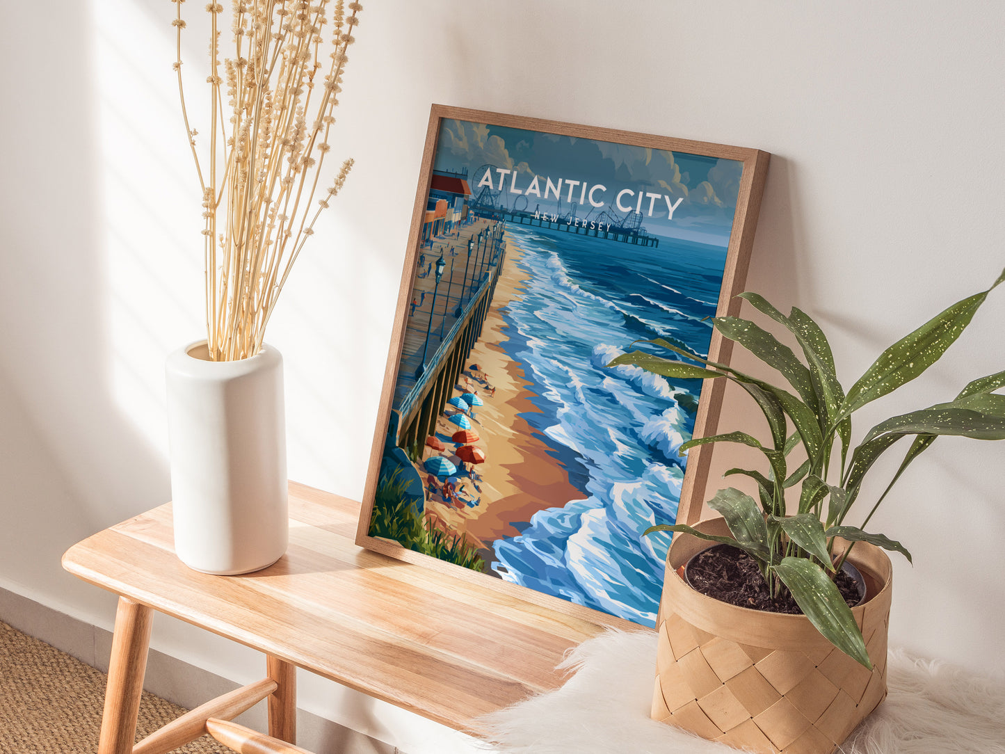 Atlantic City, New Jersey Poster | Boardwalk & Steel Pier Coastal Wall Art — styled in a modern interior