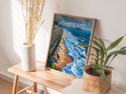 Atlantic City, New Jersey Poster | Boardwalk & Steel Pier Coastal Wall Art — styled in a modern interior