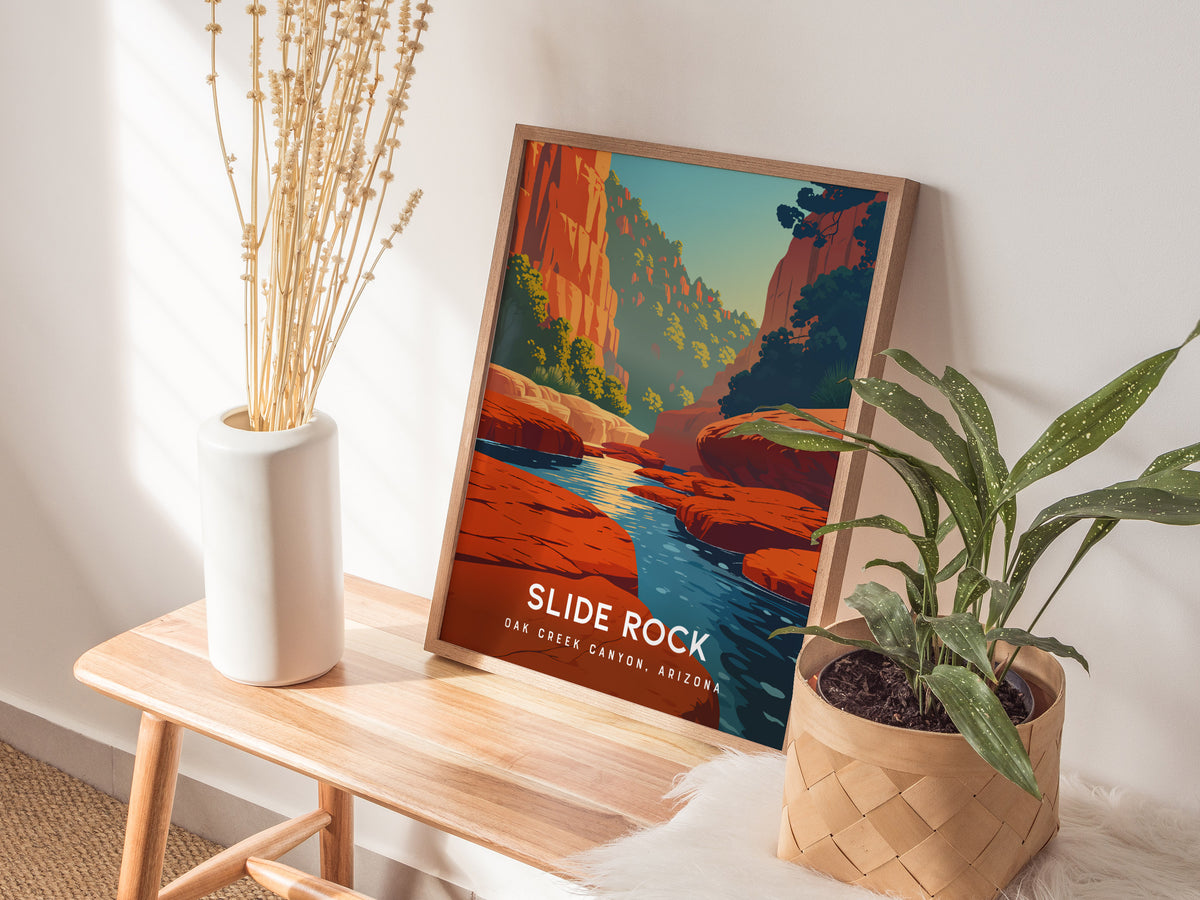 Slide Rock, Oak Creek Canyon, Arizona Poster | Red Rock Swimming Hole Travel Wall Art — styled in a modern interior