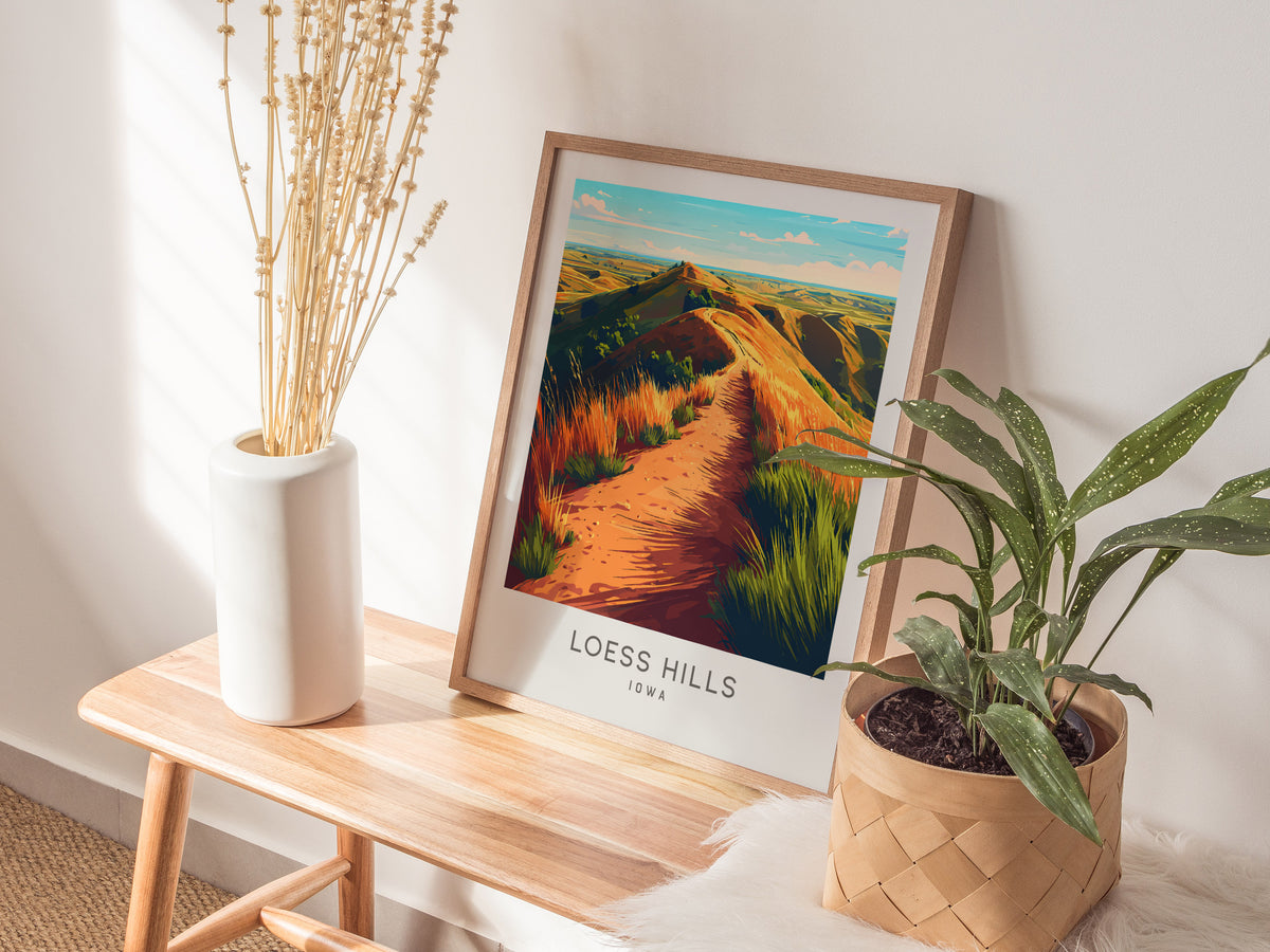 Loess Hills Matte Border Poster | Iowa Travel Wall Art — styled in a modern interior