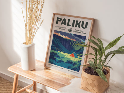 Paliku, Haleakala National Park Poster | Backpacker Gift | Misty Crater Wilderness Wall Art — styled in a modern interior