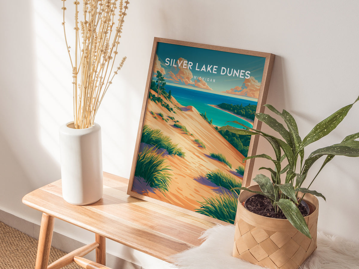 Silver Lake Dunes, Michigan Poster | Sand Dunes & Lakeshore Destination Print Wall Art — styled in a modern interior
