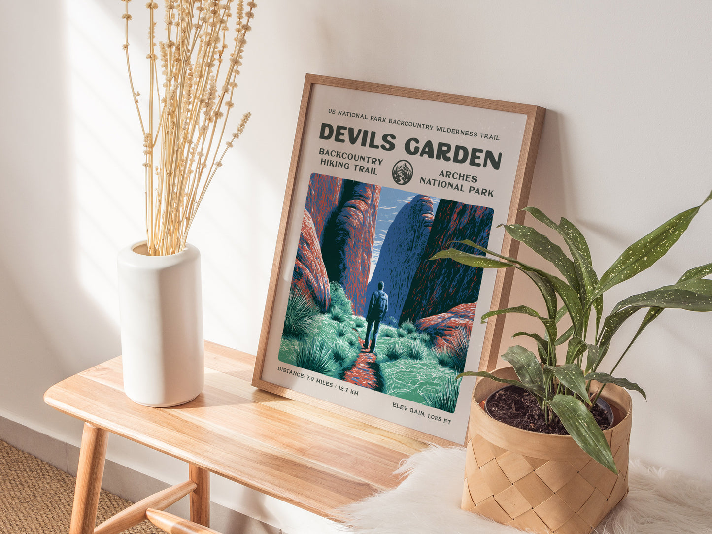 Devils Garden, Arches National Park Poster | Hiker Gift | Sandstone Fins & Arches Wall Art — styled in a modern interior