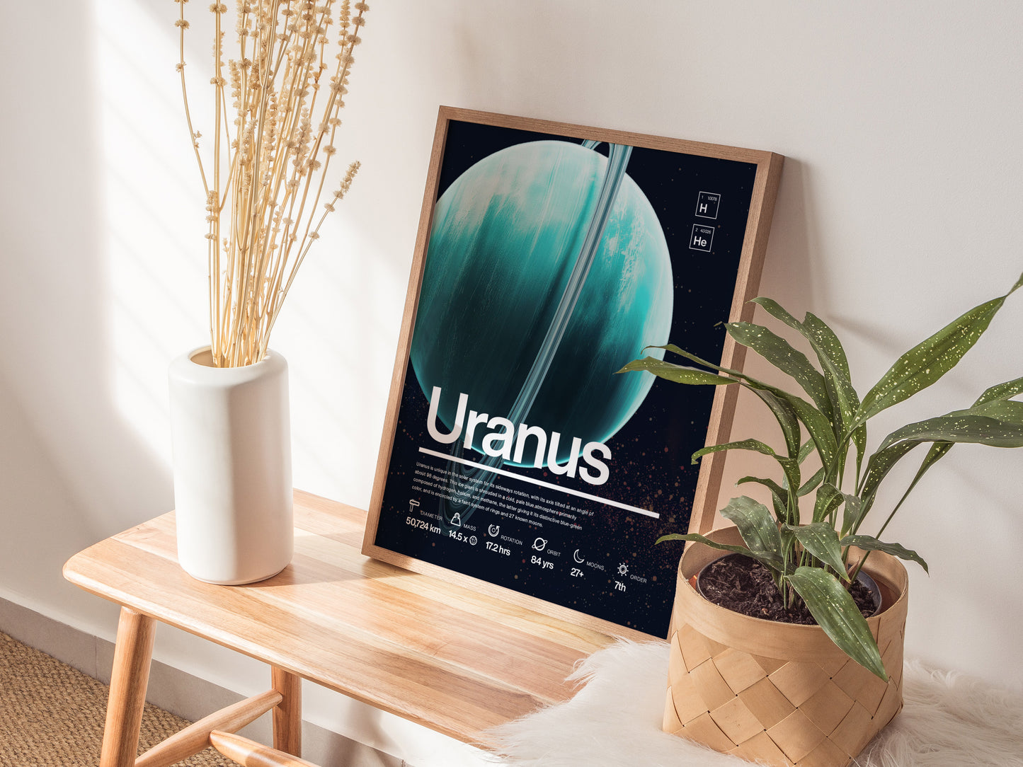 A Uranus poster featuring the blue-green planet is displayed on a wooden bench, accompanied by a white vase and a potted plant in a woven basket.