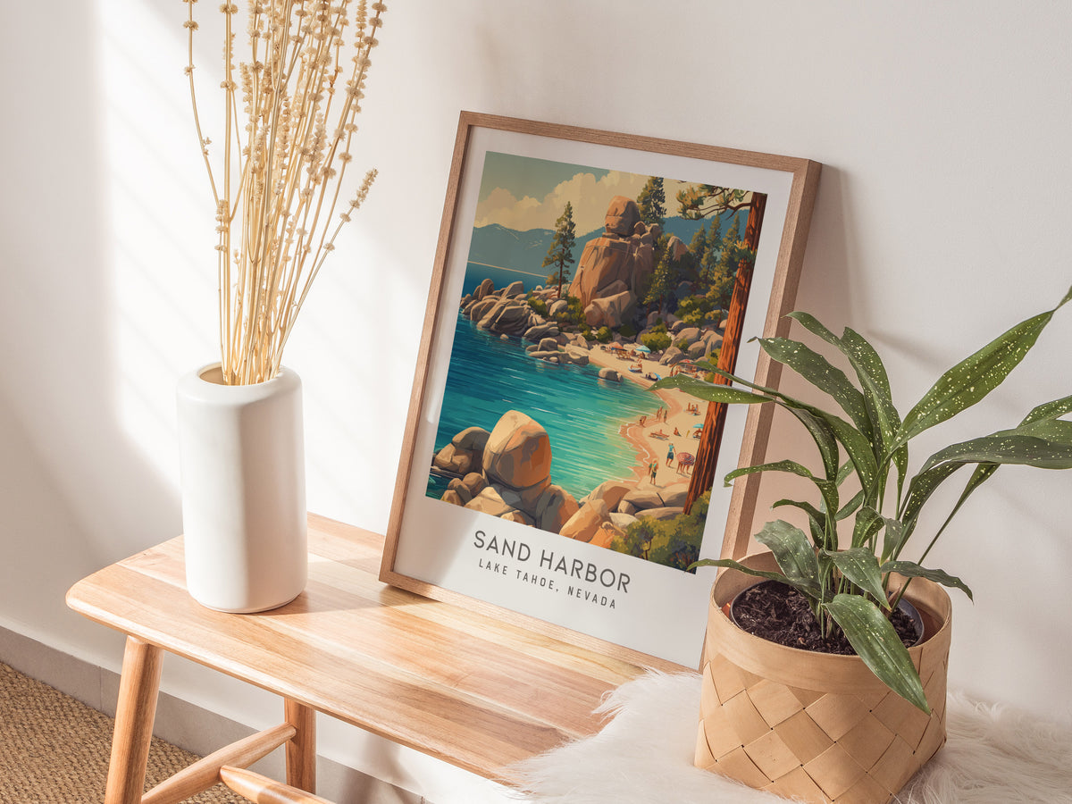 Sand Harbor Matte Border Poster | Lake Tahoe, Nevada Coastal Beach Decor — styled in a modern interior