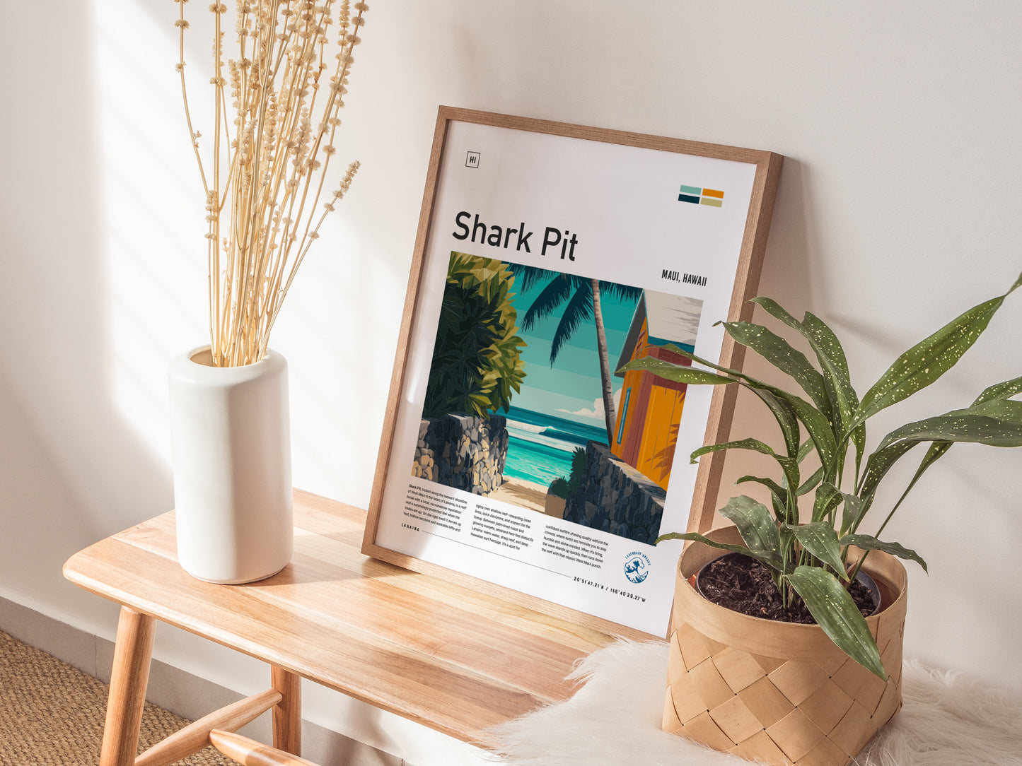 Framed Shark Pit poster featuring a tropical pathway, vibrant palm tree, and teal ocean, perfect surf art for home decor.