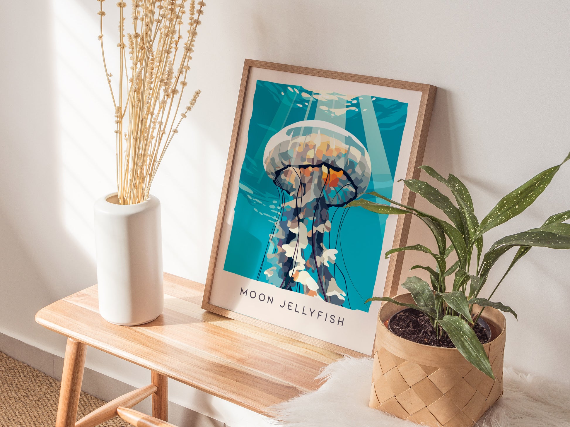 Moon Jellyfish Poster | Ethereal Ocean Drifters Wildlife Wall Art — styled in a modern interior