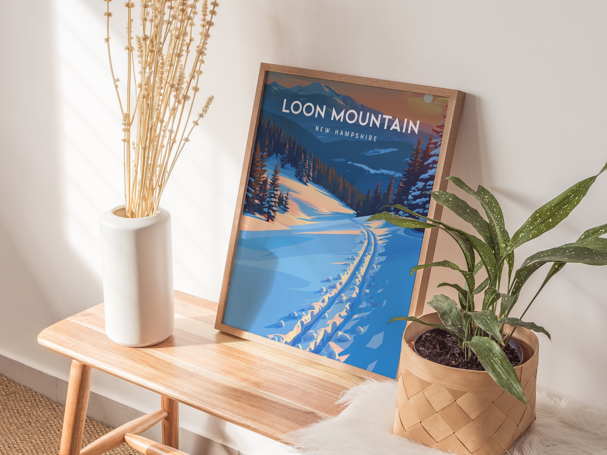 Loon Mountain, New Hampshire Poster | Alpine Ski Lodge Destination Print Wall Art — styled in a modern interior