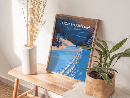 Loon Mountain, New Hampshire Poster | Alpine Ski Lodge Destination Print Wall Art — styled in a modern interior