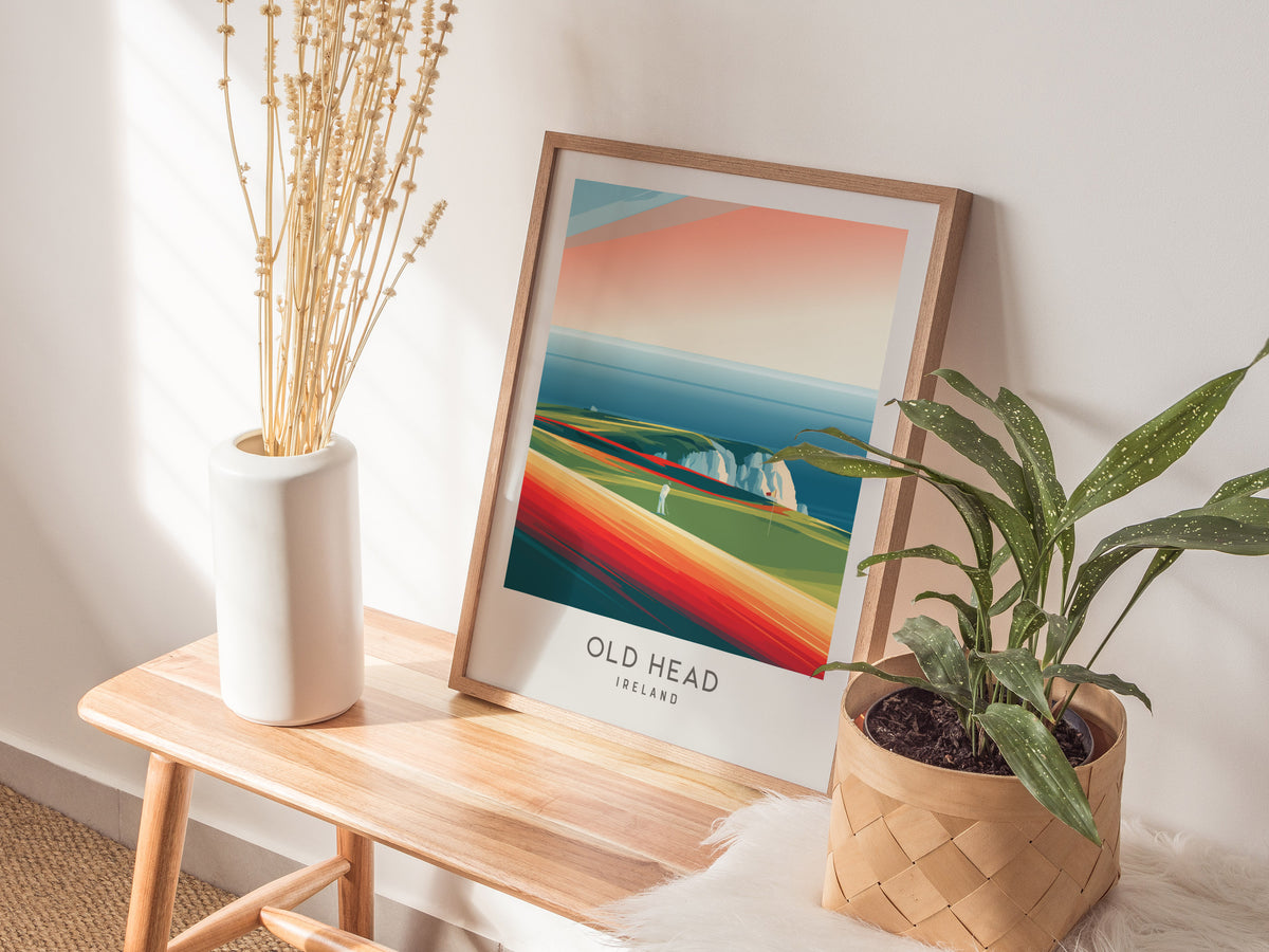 Old Head Matte Border Poster | Ireland Golf Course Print & Links Wall Art — styled in a modern interior