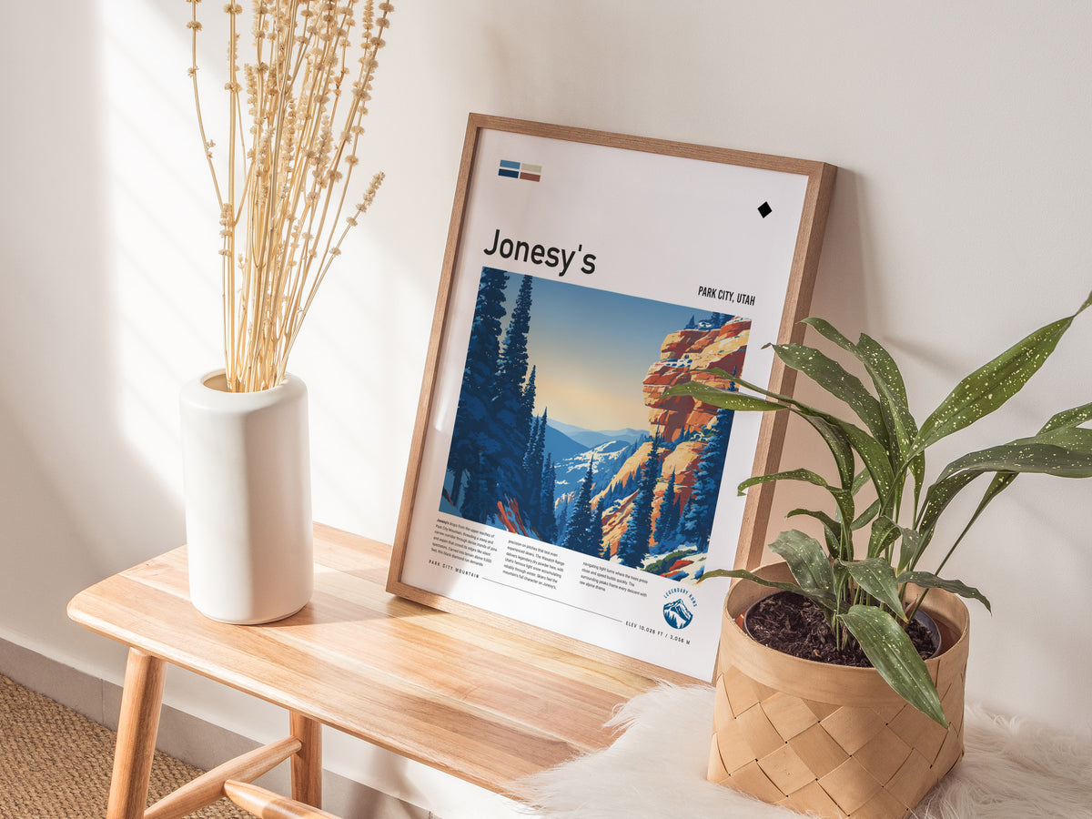 Jonesy's, Park City, Utah Poster | Ski Lodge Decor Mountain Wall Art — styled in a modern interior