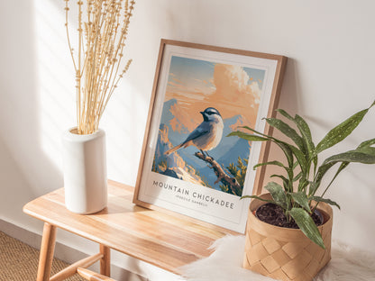 Mountain Chickadee, Poecile gambeli Poster | Bold Birder Gift Nature Wall Art — styled in a modern interior