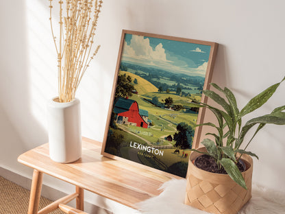 Framed Lexington Kentucky wall art featuring a vibrant red barn, rolling hills, and lush green fields in a vintage travel poster style.