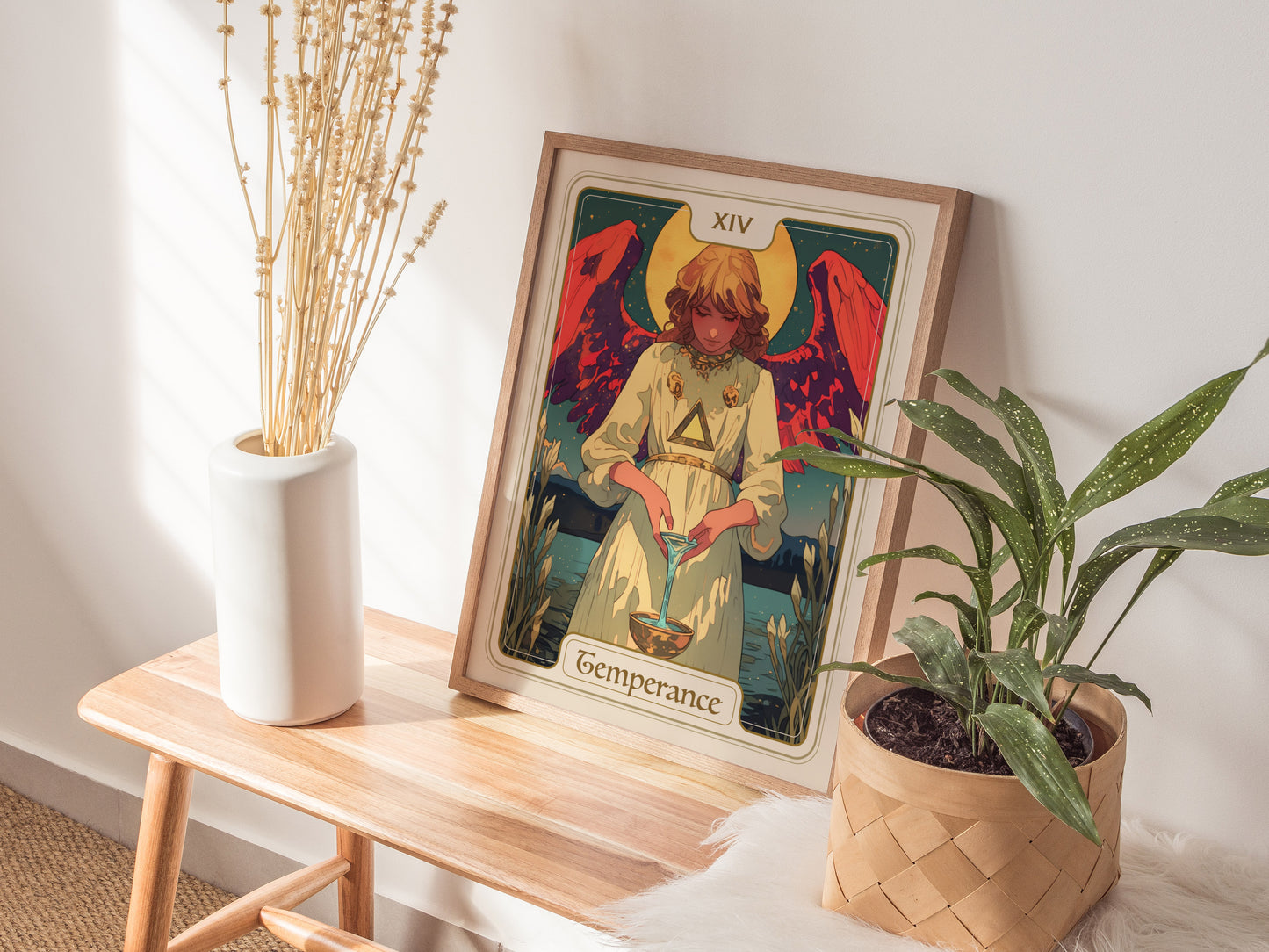 Framed Temperance tarot poster featuring an angel with red wings, pouring water between cups against a mystical starry background.