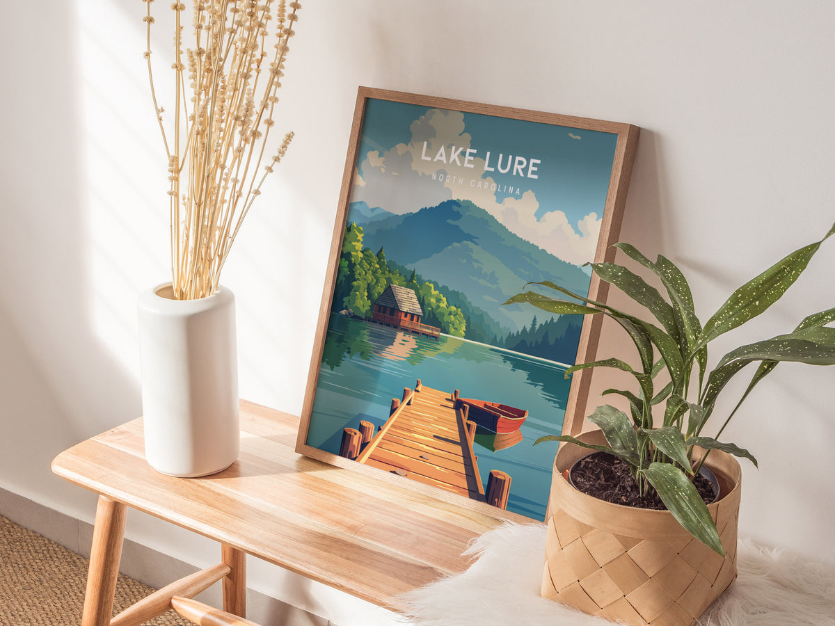Lake Lure, North Carolina Poster | Mountain Lake Destination Print Wall Art — styled in a modern interior
