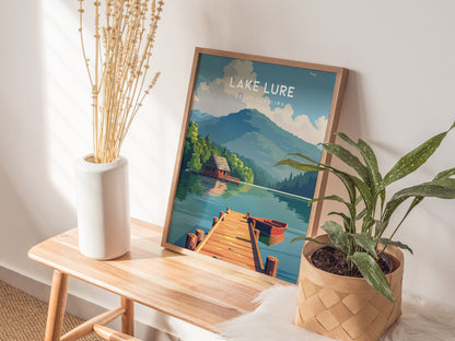 Lake Lure, North Carolina Poster | Mountain Lake Destination Print Wall Art — styled in a modern interior