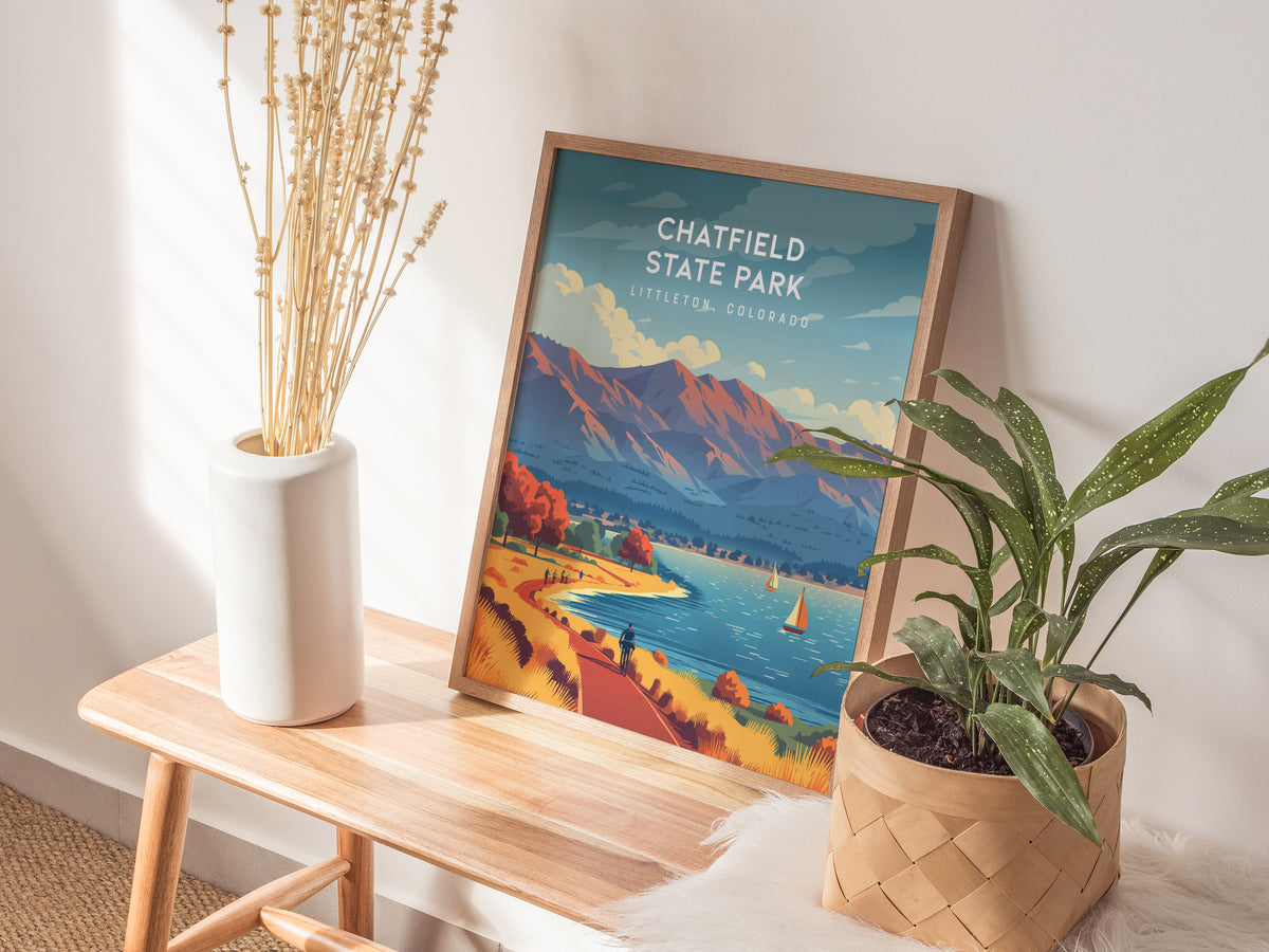 Chatfield State Park, Littleton, Colorado Poster | Mountain Lake Destination Print Wall Art — styled in a modern interior
