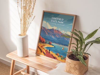 Chatfield State Park, Littleton, Colorado Poster | Mountain Lake Destination Print Wall Art — styled in a modern interior