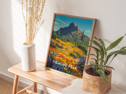 Picacho Peak, Arizona Poster | Desert Wildflower Destination Print Wall Art — styled in a modern interior