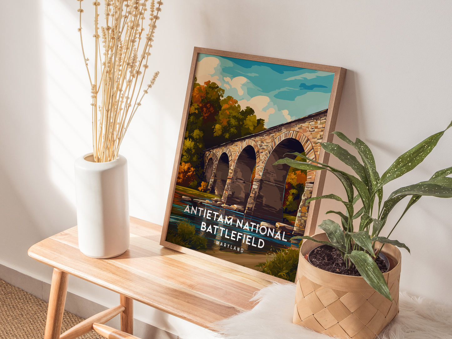 Antietam National Battlefield, Maryland Poster | Civil War Monument & Rolling Fields Wall Art — styled in a modern interior