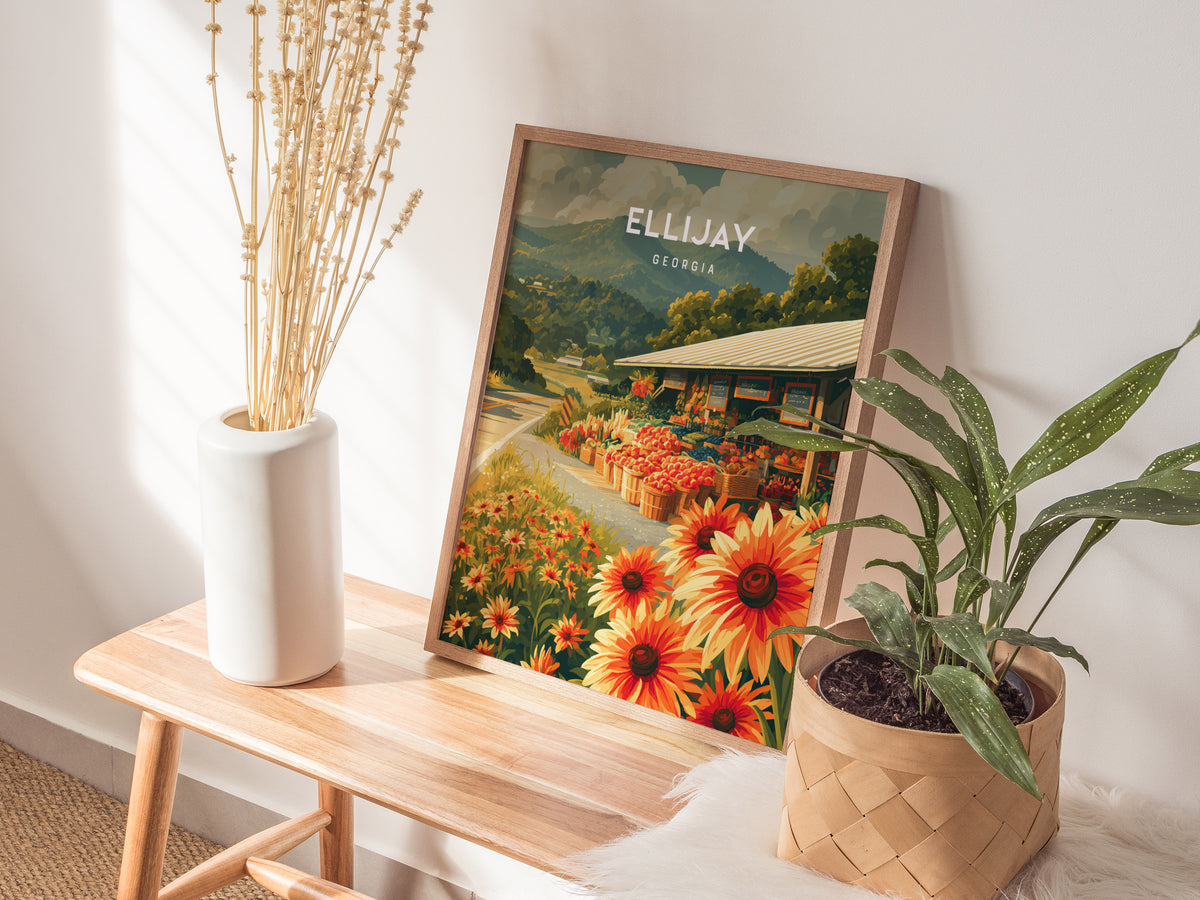 Ellijay, Georgia Poster | Mountain Town Travel Wall Art — styled in a modern interior