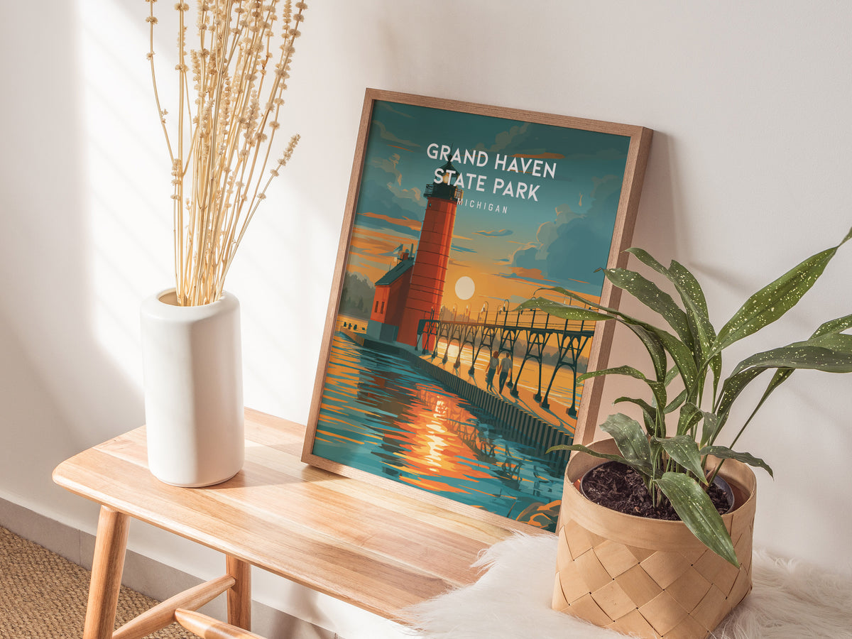 Grand Haven State Park, Michigan Poster | Lighthouse & Pier Beach House Decor Wall Art — styled in a modern interior