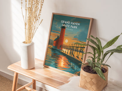 Grand Haven State Park, Michigan Poster | Lighthouse & Pier Beach House Decor Wall Art — styled in a modern interior