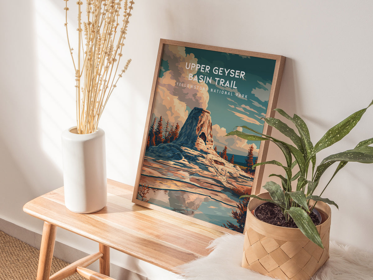 Upper Geyser Basin Trail, Yellowstone National Park Poster | Geothermal Wonders Travel Wall Art — styled in a modern interior