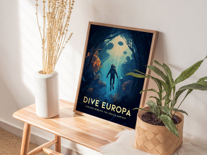 Dive Europa Poster | Jupiter Moon Space Exploration Wall Art | Framed or Unframed