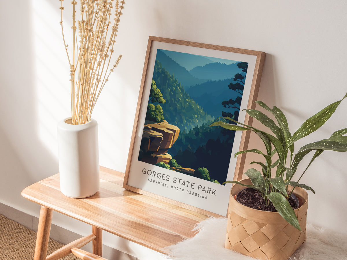 Gorges State Park Matte Border Poster | Sapphire, North Carolina Destination Print — styled in a modern interior