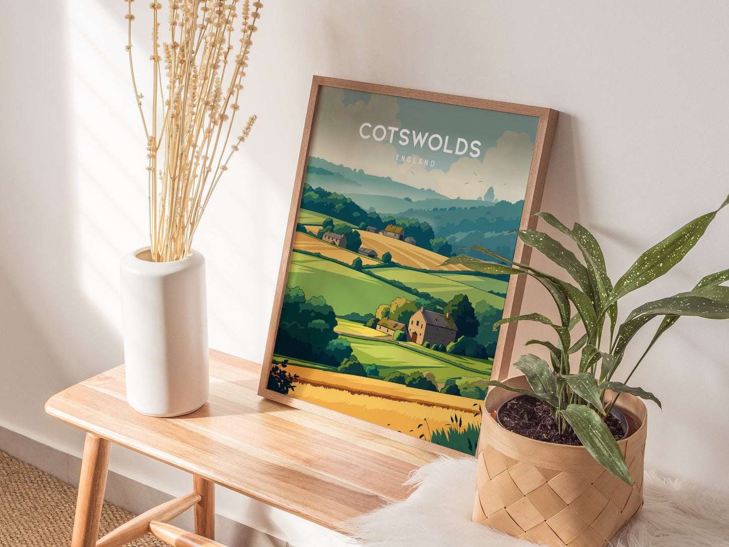 Cotswolds, England Poster | Rolling Hills & Stone Village Wall Art — styled in a modern interior