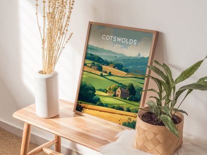 Cotswolds, England Poster | Rolling Hills & Stone Village Wall Art — styled in a modern interior