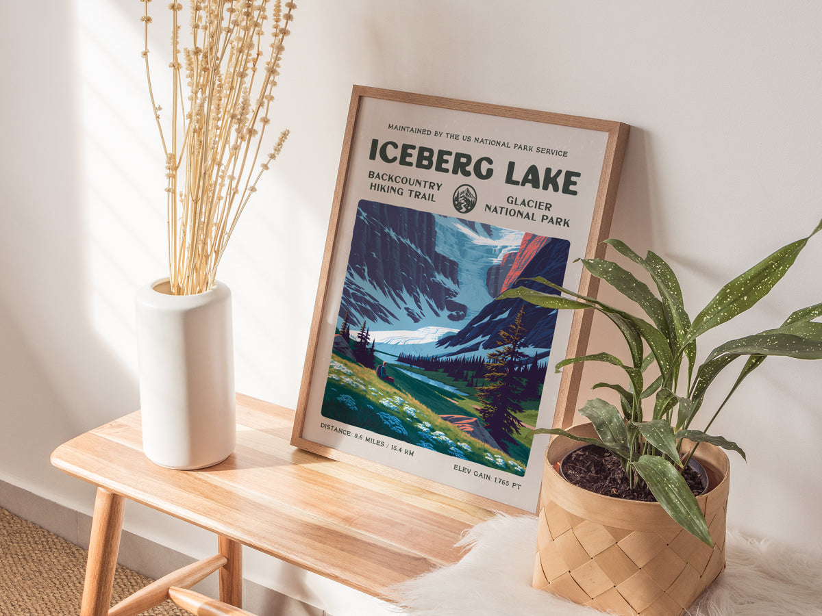 Iceberg Lake, Glacier National Park Poster | Hiker Gift | Backcountry Trail Wall Art — styled in a modern interior