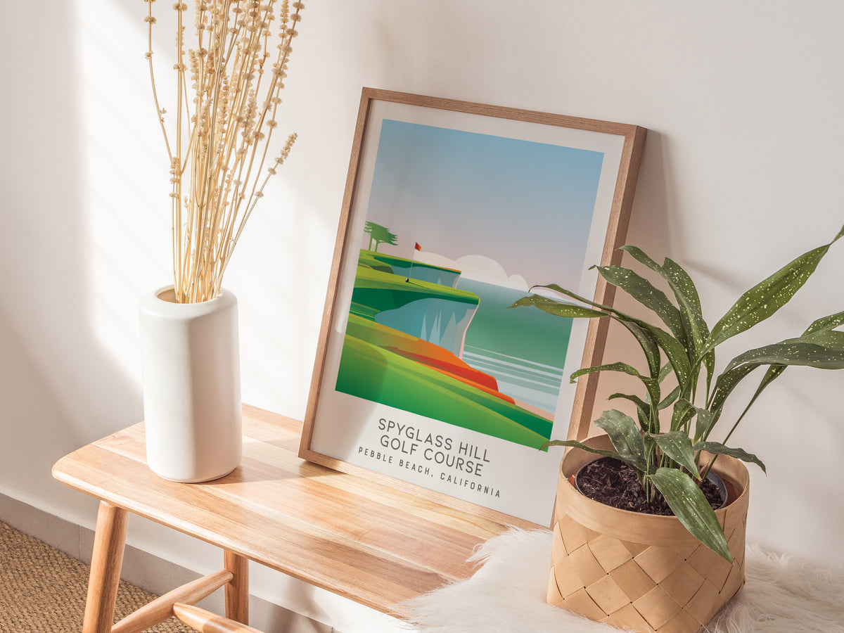 Spyglass Hill Golf Course Matte Border Poster | Pebble Beach, California Travel Wall Art — styled in a modern interior