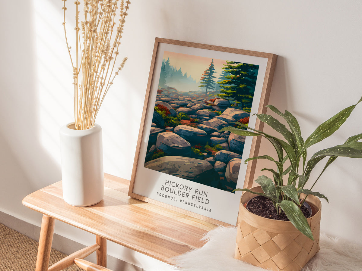 Hickory Run Boulder Field Matte Border Poster | Poconos, Pennsylvania Travel Wall Art — styled in a modern interior