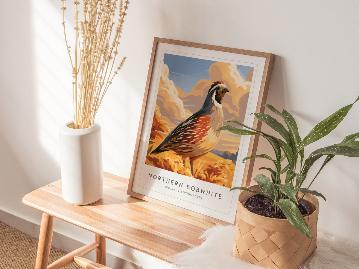 Northern Bobwhite, Colinus virginianus Poster | Quail Bird Wall Art Wildlife Print — styled in a modern interior