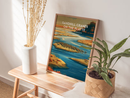 Sandhill Cranes on the Platte, Kearney, Nebraska Poster | Prairie Wildlife Travel Wall Art — styled in a modern interior
