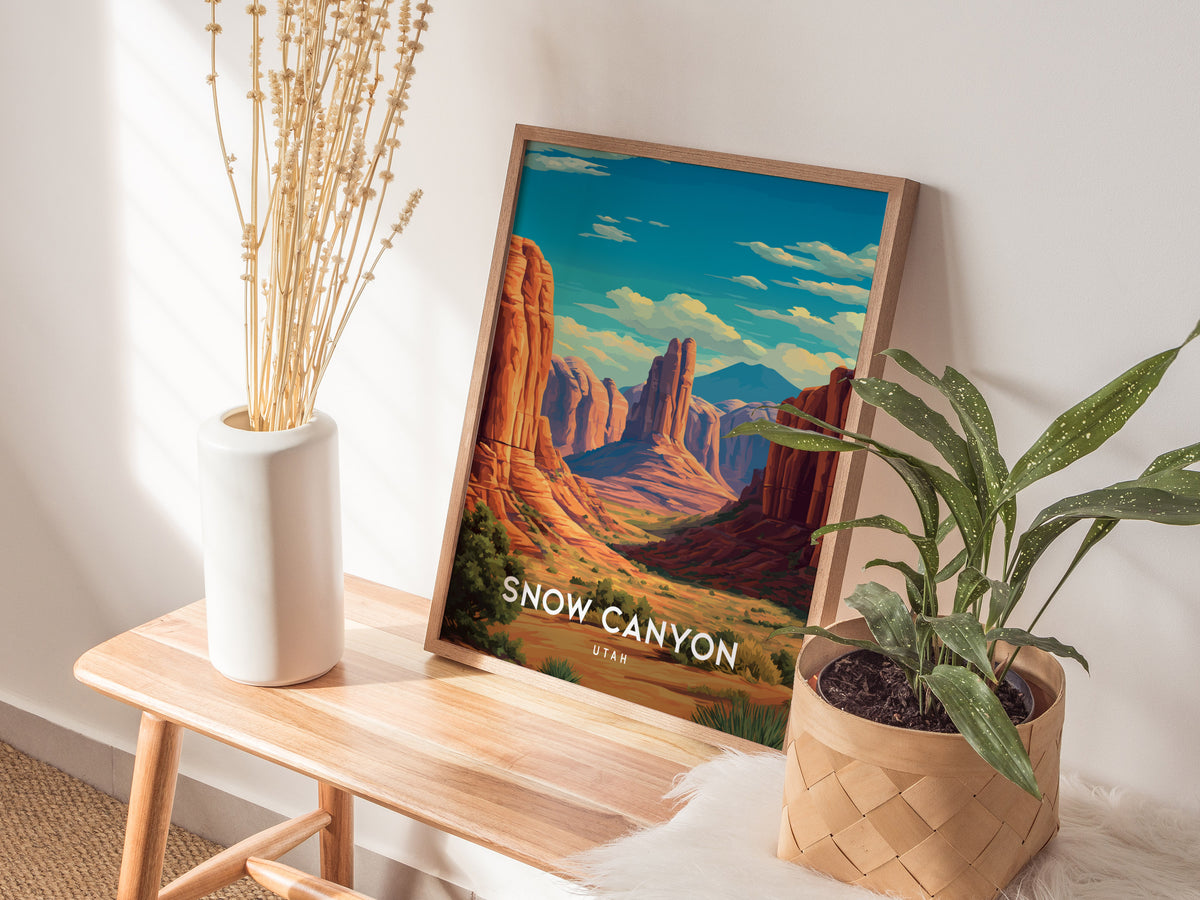 Snow Canyon, Utah Poster | Red Rock Desert Destination Print Wall Art — styled in a modern interior