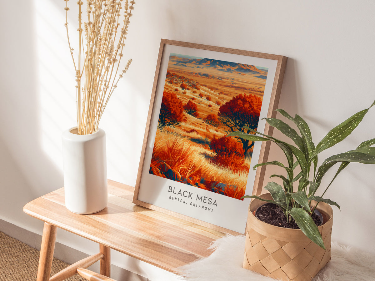 Black Mesa Matte Border Poster | Kenton, Oklahoma Destination Print Travel Wall Art — styled in a modern interior