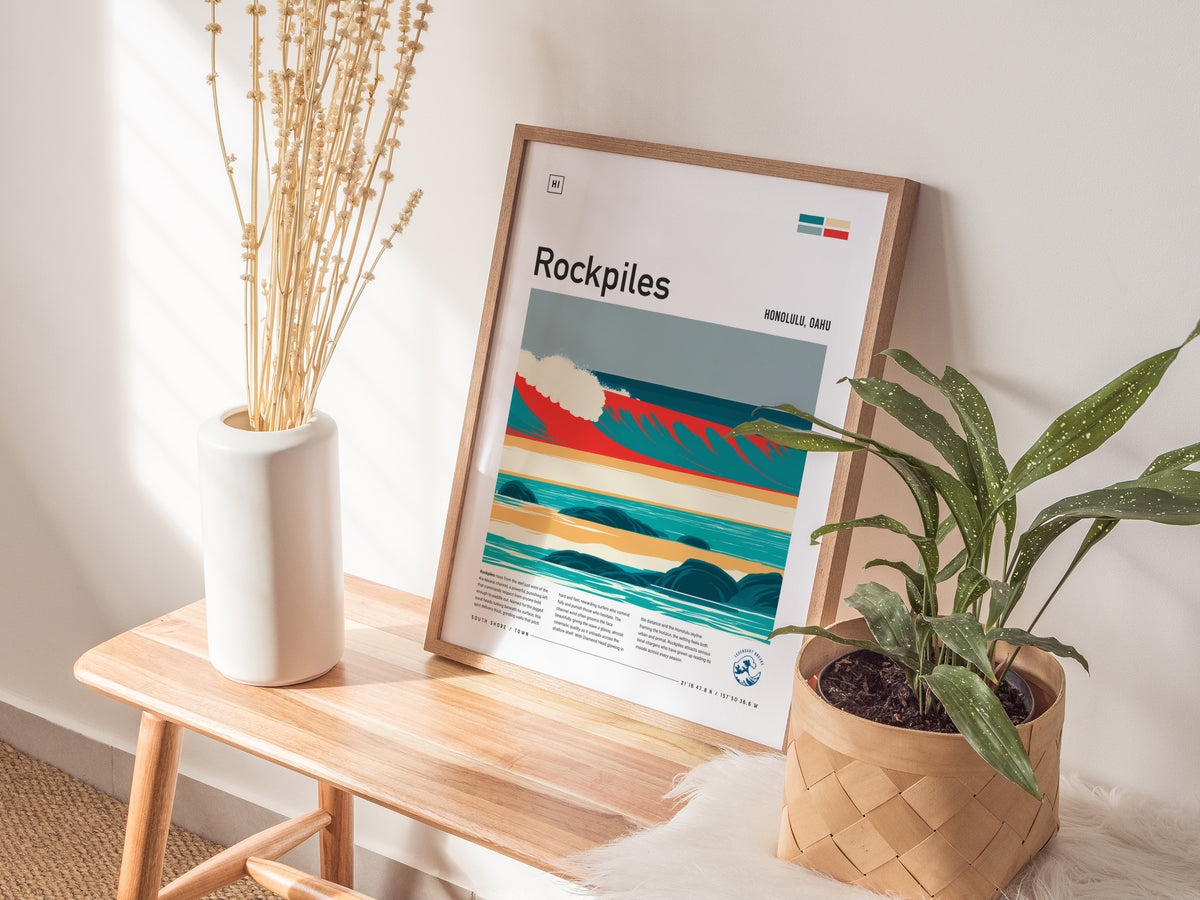 Rockpiles, Hawaii Poster | Golden Hour North Shore Surf Wall Art — styled in a modern interior