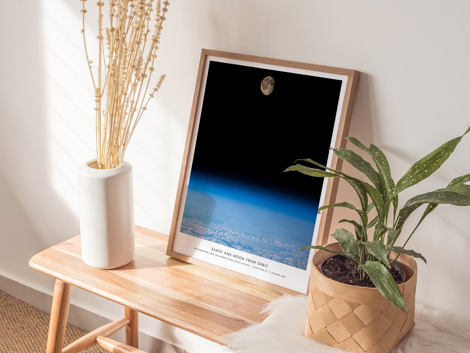 Natural wood framed Earth and Moon Orbit print leaning on a shelf next to plants and neutral accessories