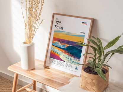 17th Street, Florida Poster | Golden Hour Surf Break Wall Art — styled in a modern interior