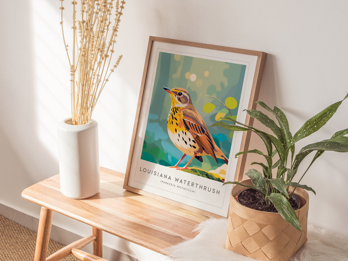 Louisiana Waterthrush, Parkesia motacilla Poster | Streamside Songbird Nature Wall Art — styled in a modern interior