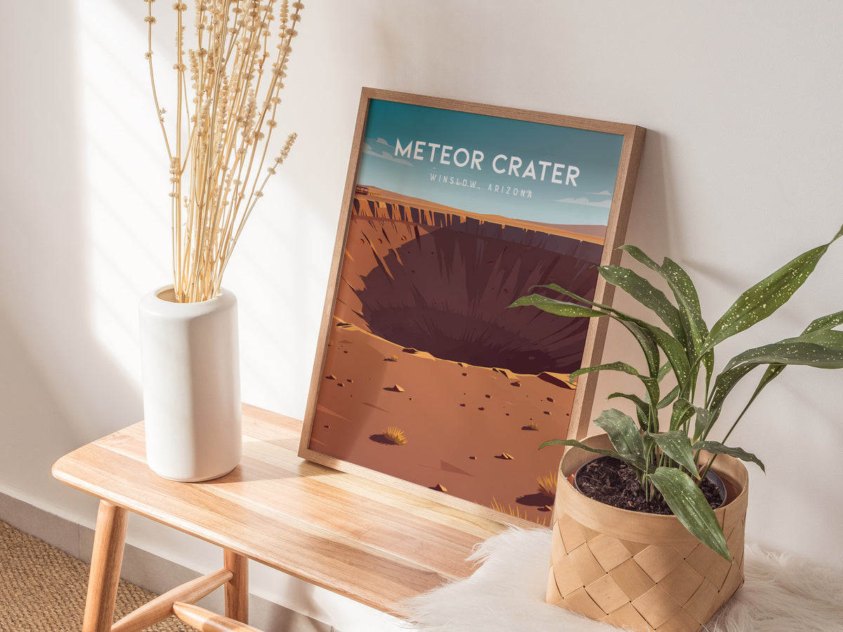 Meteor Crater, Winslow, Arizona Poster | Desert Adventure Travel Wall Art — styled in a modern interior