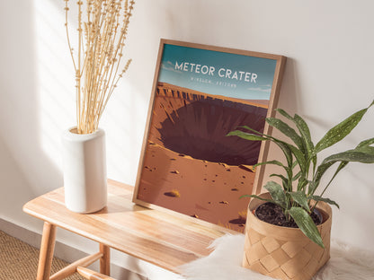 Meteor Crater, Winslow, Arizona Poster | Desert Adventure Travel Wall Art — styled in a modern interior