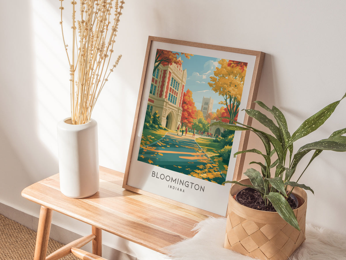 Bloomington Matte Border Poster | Indiana Destination Print Travel Wall Art — styled in a modern interior