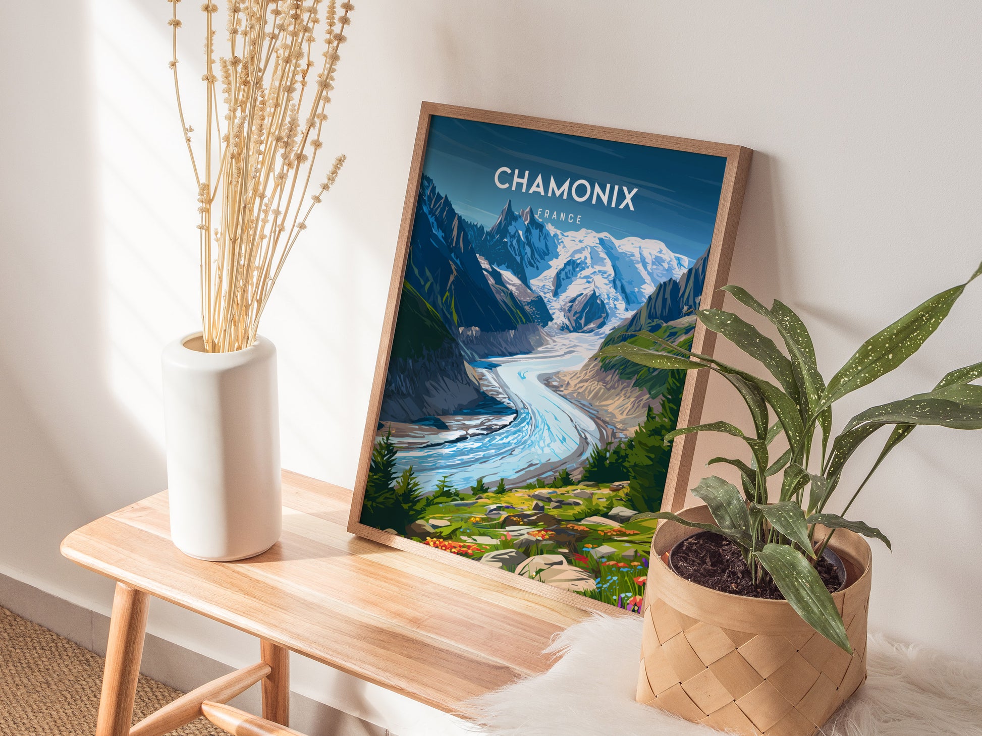 Chamonix, France Poster | Alpine Mountain Village Destination Print Wall Art — styled in a modern interior